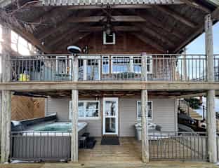 View of covered decks from the lake.