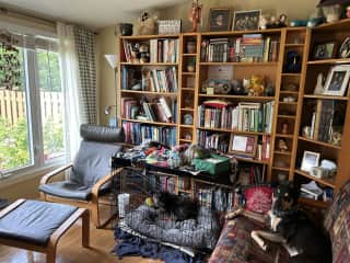 Our family room, also my office and study, hence the books. The dogs love it here and much of their gear is easy access on top of the crate.