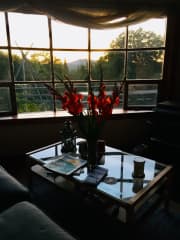 Living room bay window and sunset