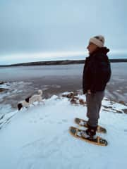 Snowshoeing with the dogs.