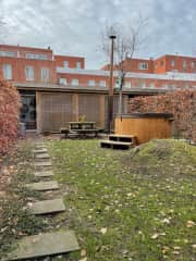 Garden with table and hot tub