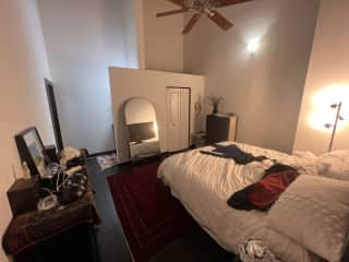 Master bedroom. Organic King mattress. Bathroom in suite. The bedrooms do not have windows because it’s a renovated historic building. I like it because Im a light sleeper and it means the bedrooms are super dark at night. Very quiet place.