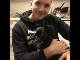 Ciprian petting a friend's lovely dog.