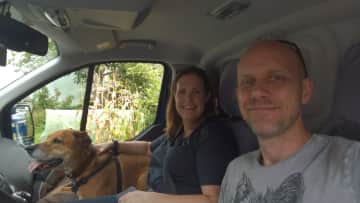 Us and our beloved (but sadly no longer with us) dog Bruno setting off for adventures in our campervan