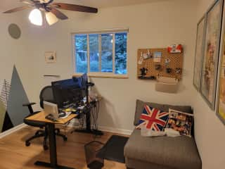 One of the two offices with standing desk and dual monitors