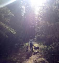 Louise with two of the seven huskies we cared for in BC, Canada