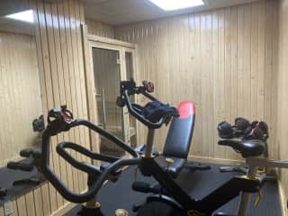 Gym with spinning bikes,  free weights 
And Swedish sauna.