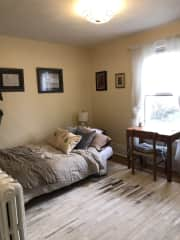 Guest room: where you’ll be staying. French linens and lovely light.