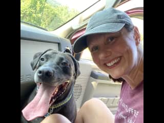 Tracy and Penny on a drive. Penny can be a bit anxious so she gets lots of hugs on a drive.
