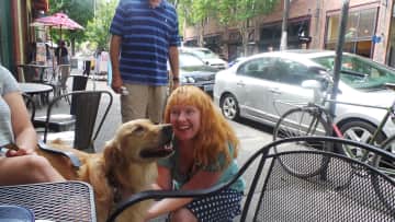 Me and a gorgeous golden retriever whom I greeted outside a cafe in Portland Maine, USA Summer 2015