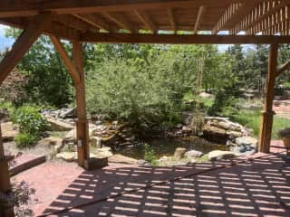 Patio and water feature / pond! It's really peaceful out here.