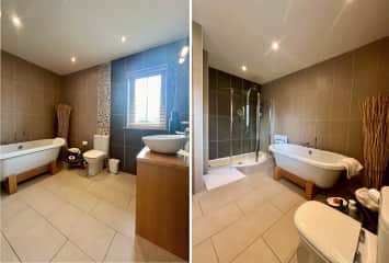 Hallway bathroom for two guest bedrooms, ground floor. Roman tub, large shower w/ rain head, toilet, sink.
