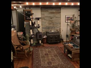 Living room with view of wood-burning stove.