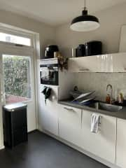 Kitchen - fridge, air fryer, oven/microwave, dishwasher