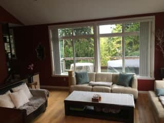 We have a sunken living room with vaulted ceilings.