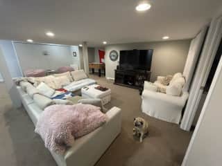 Living room 3 in basement. The pugs enjoy cuddles and movies!