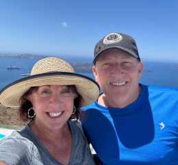 Therese & Jim in Santorini celebrating 40 year Anniversary.