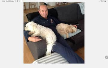 Bob being loved by two Moving Paws dogs who came for a holiday visit