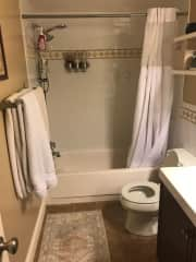 The full bathroom is located in the hall way between the master bedroom and kitchen.