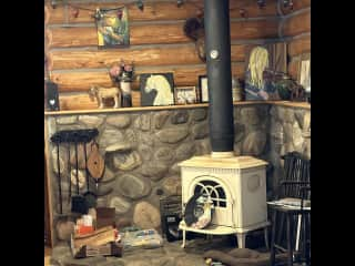 Wood stove in kitchen