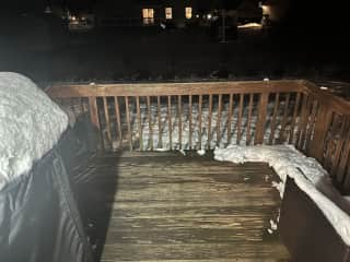 outdoor deck that will have patio furniture on it when its nice out.  Do have outdoor heater and fenced in yard- screen door the dogs can run in and out of when the door is open and the weather is nicer