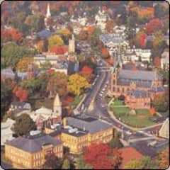 An aerial shot of Northampton during foliage season