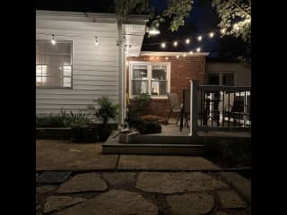 Deck with grill, dining table height table and four chairs