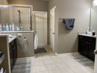 2 1/2 bathrooms, master bath has closed door toilet, shower, 2 vanities, and large jacuzzi tub also the laundry room is on the second floor