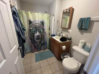 Our beary blue bathroom, en suite to master bedroom with second door in hallway