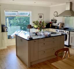 Kitchen- fridge, induction range cooker, microwave, toaster and kettle. Nespresso coffee machine.