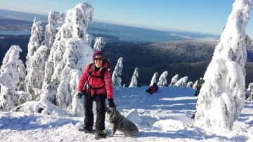 Snowshoeing with our dog Santa near Vancouver, Canada.