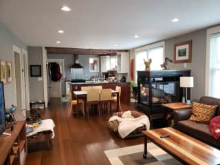 Interior view - open concept of living room, dining and kitchen.