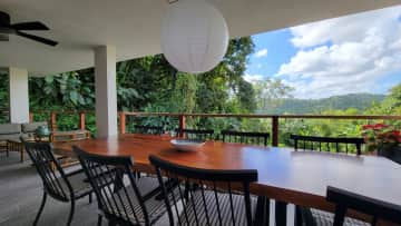 The main dining area is outside, but there is a banquette inside as well.