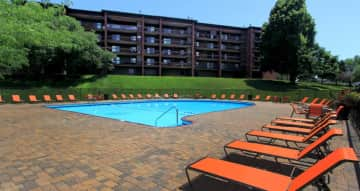 A complex pool right outside the building