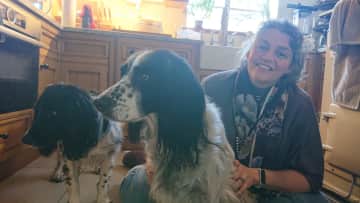 Helena with Inara (left) and Daisy at their home. These are actually my own dogs, who continue to live with my ex-partner in the countryside. Daisy sadly passed away last year, so now I only go to house sit Inara (I just came back from 10 days in Feb)