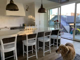 The kitchen looking out to the deck