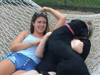 Grand dog Cali with Trish and daughter on hammock