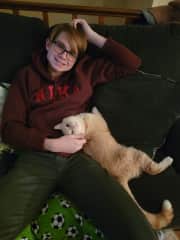 My son with our newest fur baby, Cal, who we adopted from an animal rescue in November 2021.  We also became trained volunteers at this same rescue shortly after.