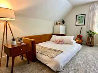 The sleeper sofa very easily folds out into a bed for a comfy night of sleep.