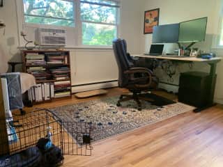 This office is also a standing desk, setup for a pc with usb-c plug that connects the dock, keyboard, and mouse. Also a big collection of art books and some other fiction and comics if you’re into that