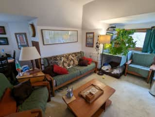 The main living room and Papaya's go-to dog kennel for watching TV (though she may snag the couch - OK with us, but optional for you!).