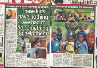 Double page spread in The Sun telling the story of our fundraising to build a girl's hostel for our sponsor child in Kayezi, Malawi.