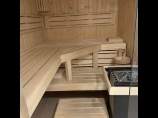 bathroom (basement) with sauna