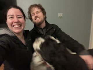 Cuddle puddle with Louie and Rosco! Louie was one of our biggest dogs, a bernedoodle. This was back when Chris had hair!