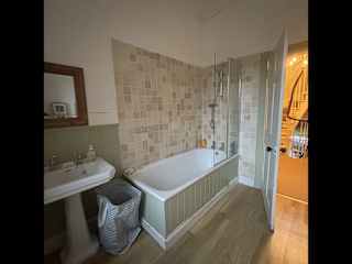 Bathroom with shower above bath.