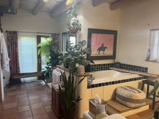 Main floor bath—salt water hot tub is through the French doors, steam shower to the right