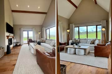 Sitting/Living Room view of  fireplace, stove, TV and countryside view and doorway out to front patio.