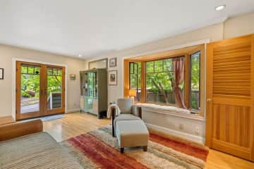 Living room with bay window to back yard