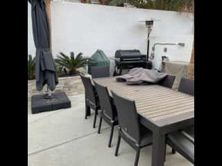 Backyard table/grill/umbrella/heat lamp