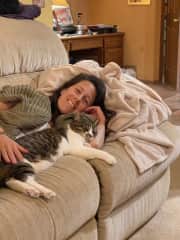Endless snuggles with our sweet housemate's kitty, Omemo